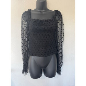 Mind Code Black Smocked Top Womens L Sheer Polka Dot Mesh Puff Sleeve